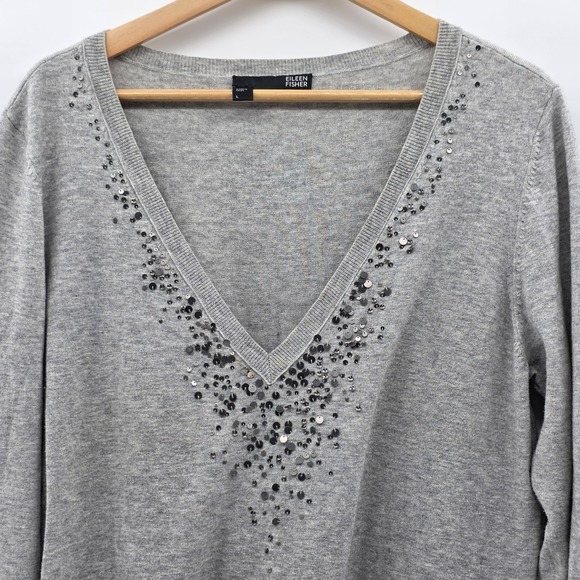Eileen Fisher Sweater Womens Large Sequined V-neck Gray Organic Cotton/Cashmere - Picture 3 of 9